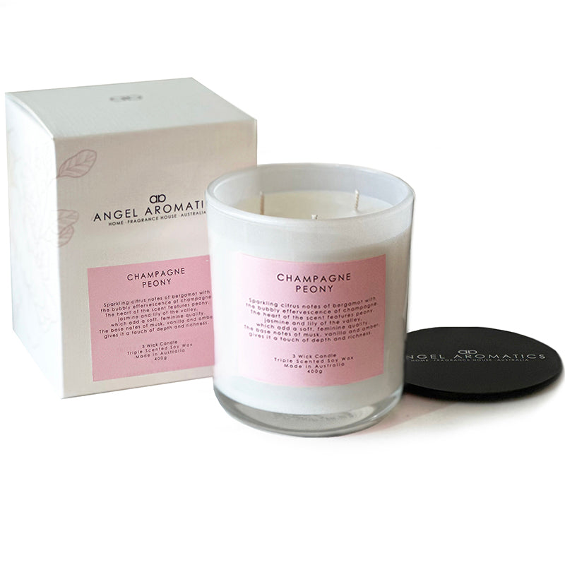 3 Wick Large Scented Candles - Champagne Peony-scented candles-Angel Aromatics