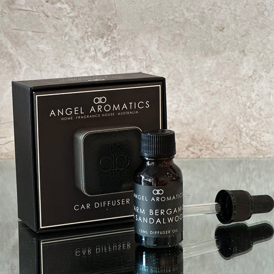 Car Diffuser Black Leather with Brushed Silver Zinc Alloy-Car Diffuser-Angel Aromatics