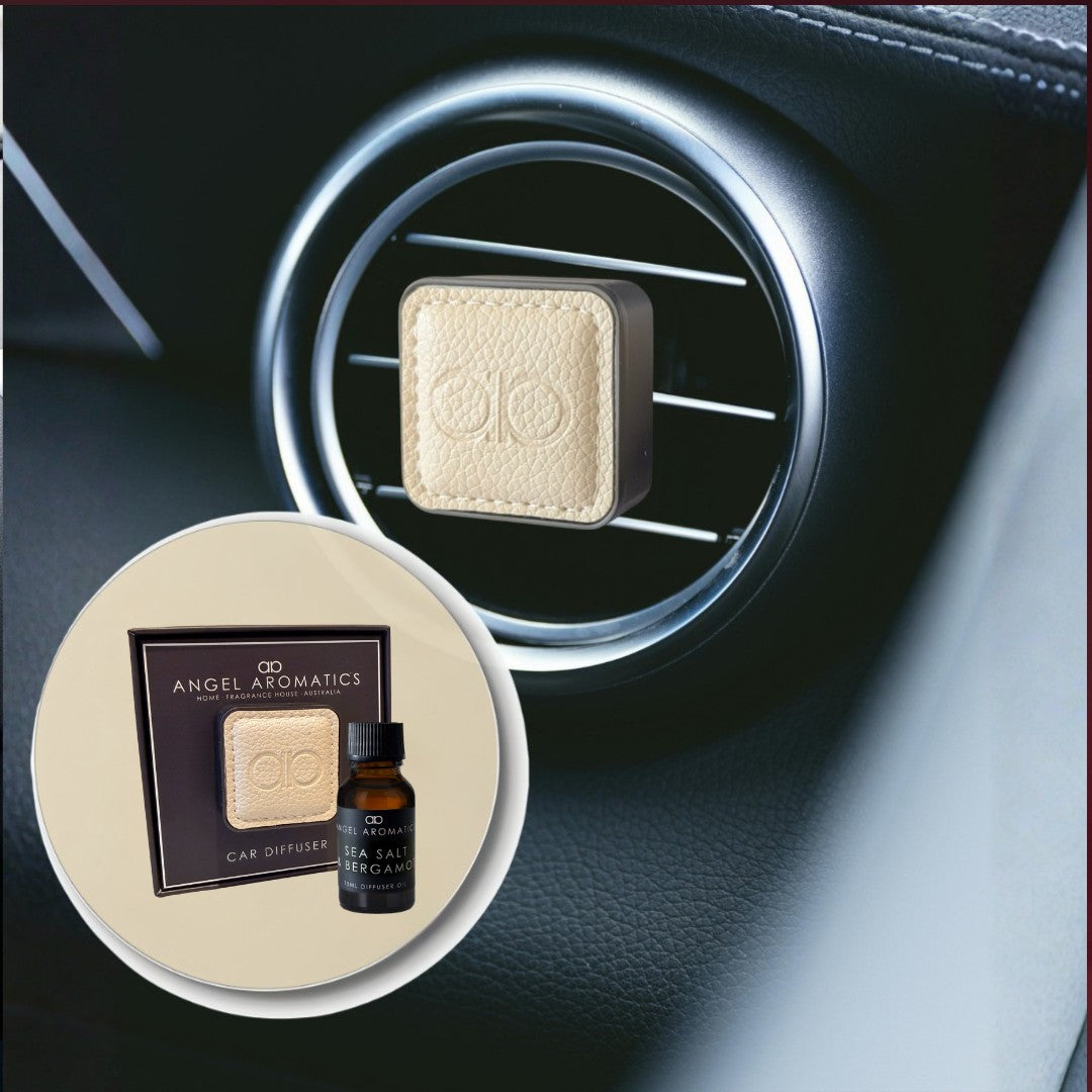 NEW Car Diffuser Cream Leather with Steel Grey Metal Zinc Alloy-Car Diffuser-Angel Aromatics