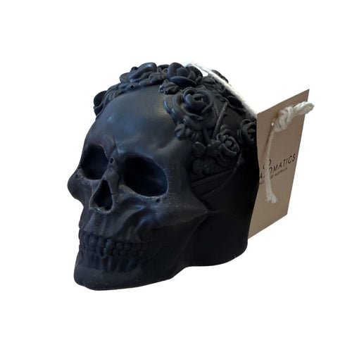 Day of the Dead Skull with Flowers Black 170g-Halloween Candles-Angel Aromatics