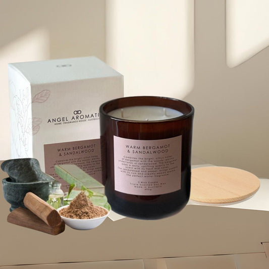 3 Wick Large Scented Candles - Warm Bergamot & Sandalwood-scented candles-Angel Aromatics