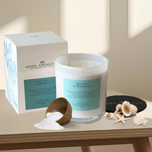 3 Wick Large Scented Candles - Sea Salt and Bergamot-scented candles-Angel Aromatics