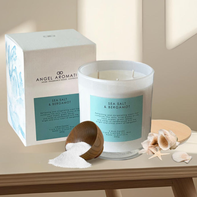 3 Wick Large Scented Candles - Sea Salt and Bergamot-scented candles-Angel Aromatics
