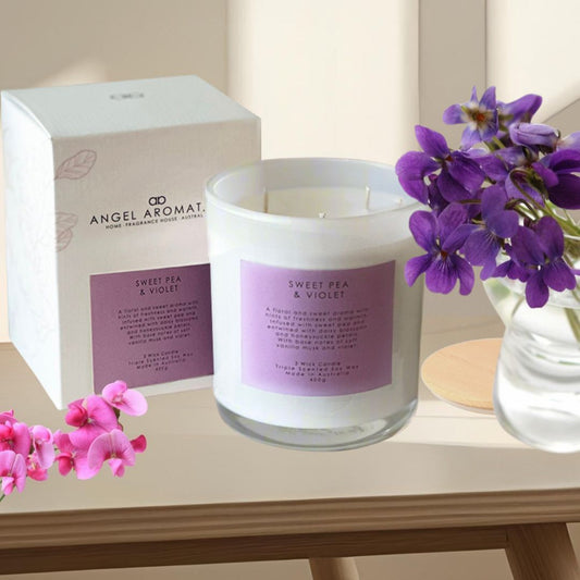 3 Wick Large Scented Candles - Sweet Pea and Violet-scented candles-Angel Aromatics