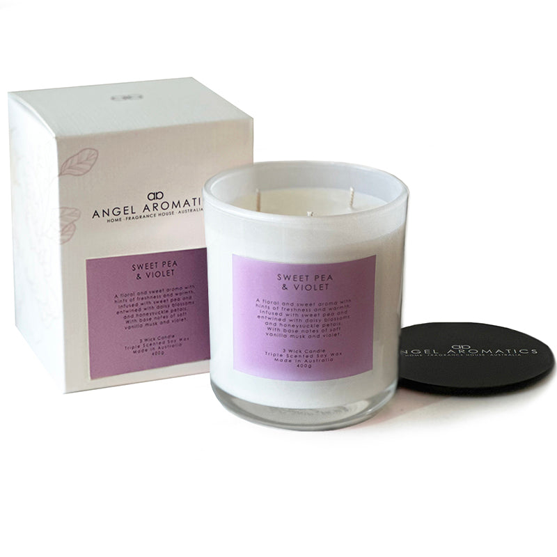 3 Wick Large Scented Candles - Sweet Pea and Violet-scented candles-Angel Aromatics