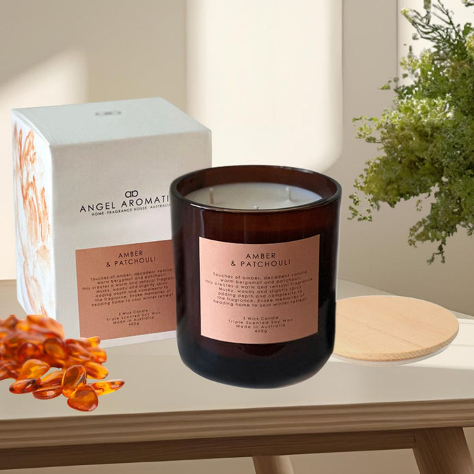 3 Wick Large Scented Candles - Amber Patchouli-scented candles-Angel Aromatics