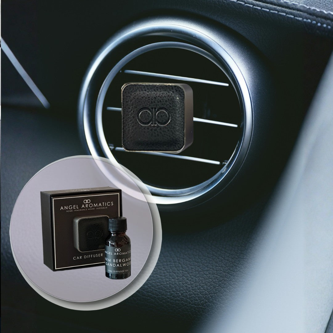 Car Diffuser Black Leather with Brushed Silver Zinc Alloy-Car Diffuser-Angel Aromatics